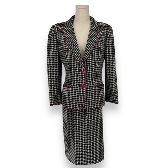 Vintage Jackets & Blazers - Vintage 1980s UNGARO Paris Houndstooth Blazer Skirt Set with Pink Trim, Size 6/8